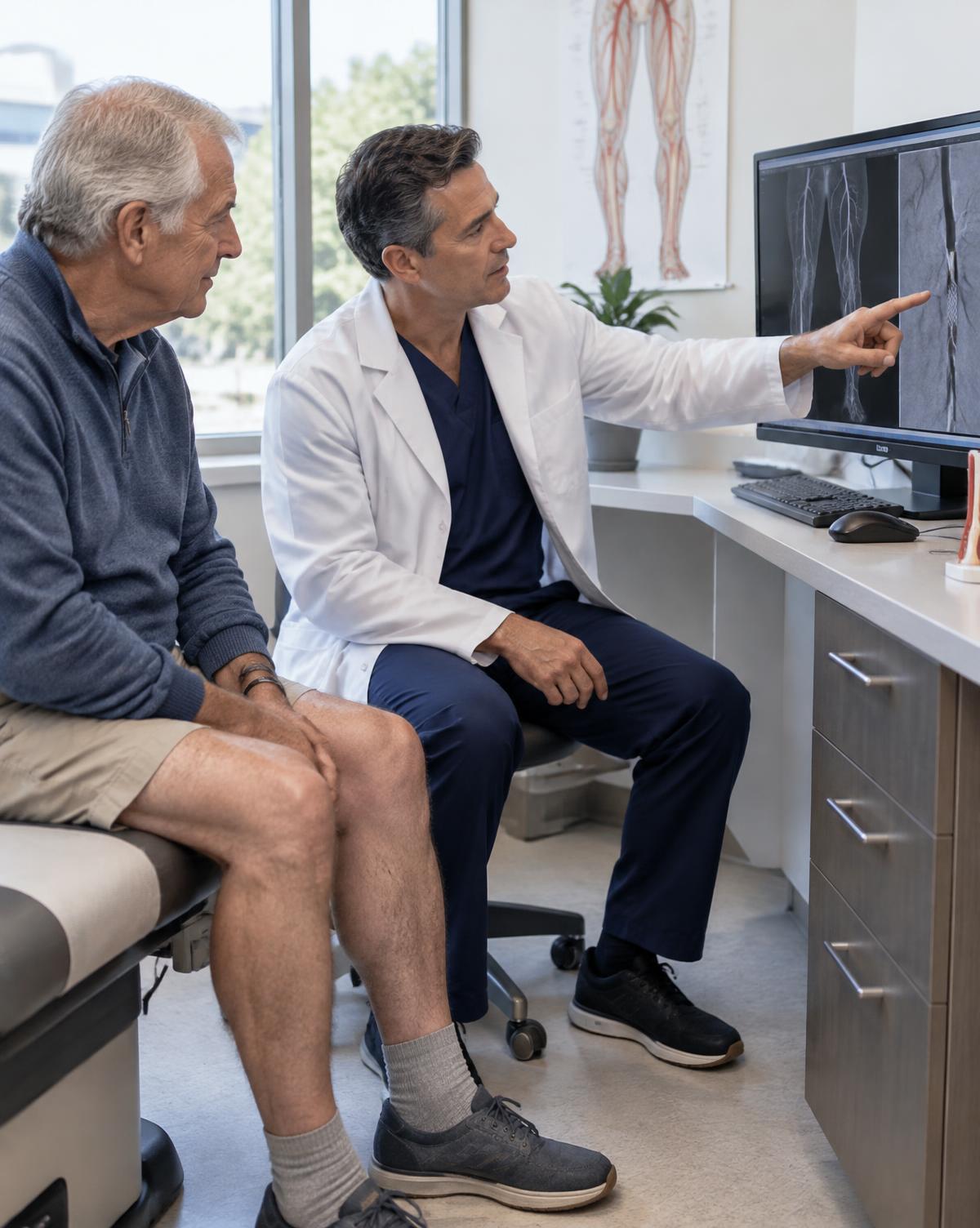 Vascular physician explaining a blocked leg artery angiogram to an older patient