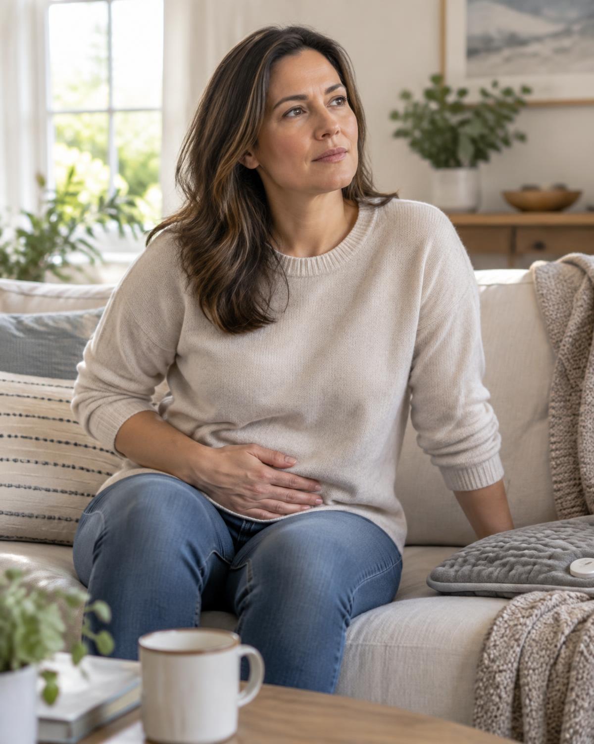 Woman experiencing pelvic pressure associated with uterine fibroids
