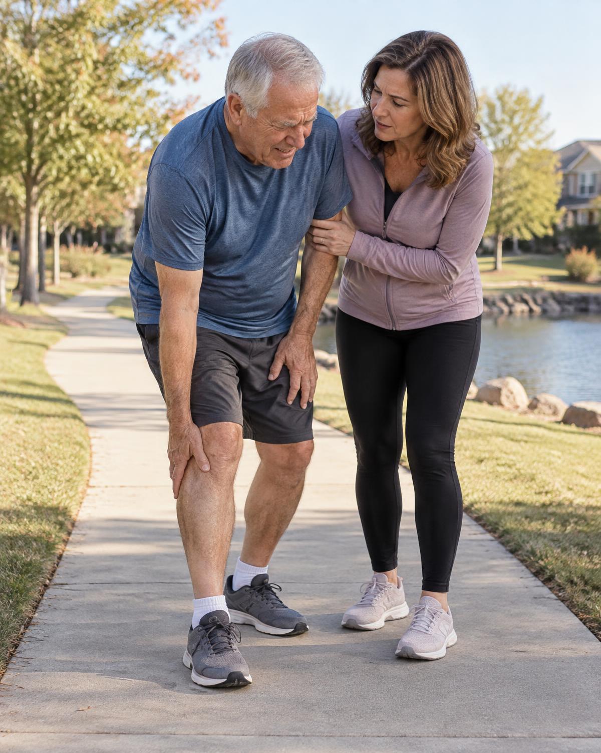 Older man stopping with calf pain while walking with a family member